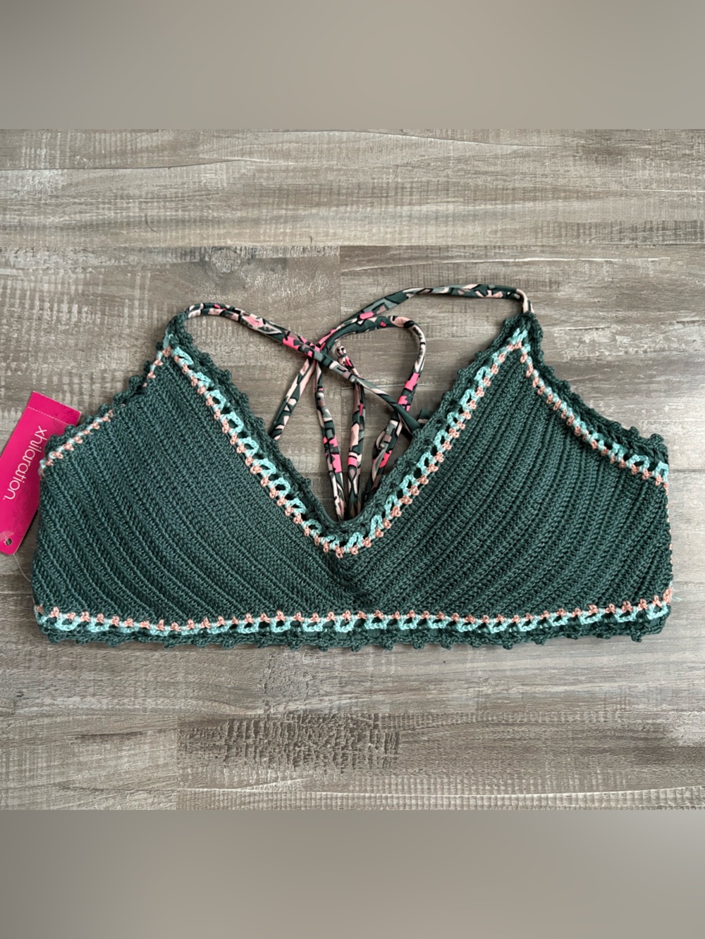 Xhilaration Crochet Teal Green Bikini Top with Pink Floral Tie Straps New